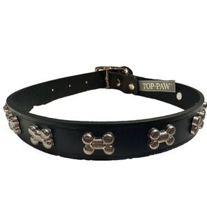 Top Paw Bone Studded Black Leather Dog Collar Sz Large 17-21”